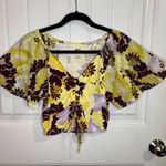 Maeve Anthropologie Purple and Yellow Floral Flutter Sleeve Cinched Top Photo 1
