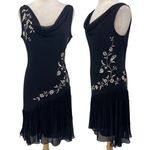 Alex Evenings Vintage 90s Dress Embroidered Cowl Neck Fringe Hem Black Womens 8 Photo 0