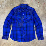 Affliction  Black Premium Women's Small Blue Plaid Western‎ Pearl Snap Shirt Photo 0