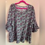 Ulla Popken Gray & Berry Floral Print 3/4 Ruffle Bell Sleeve Tunic Blouse 28/30 Photo 1