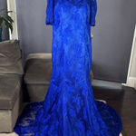 Women’s Full Length Blue Mermaid Fit Off the Shoulder Formal Dress Train Size 18 Photo 0