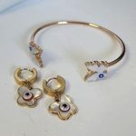 Gold Cuff Bracelet & Huggie Earrings Evil Eye Butterfly Set Photo 0