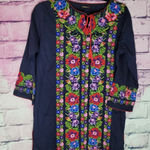 DURGA NAVY SCALLOP TRIM TASSEL NECK EMBROIDERED TAPESTRY FLORAL TUNIC SMALL Red Photo 0