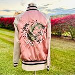 Haute Monde Floral Embroidered Pink Satin Quilted Bomber Jacket Photo 7