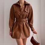 ZARA Faux Leather Belted Shirt Shacket Overshirt Dress in Cognac Brown Size XS Photo 3