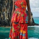 Farm Rio NWT Ipanema Ruffled Tropical Printed Midi Red Dress Sz M Photo 0