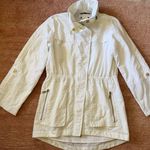 White Waterproof Parka Jacket Women M Lightweight Hood Gold Zip Snap Pockets White Size M Photo 0