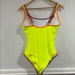 Popvil swimsuit one piece large lined electric neon yellow highlighter NEW Photo 4