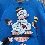 Vintage 90s Crochet Doily Snowman Decorated Winter Ugly Christmas Sweatshirt XL Blue Photo 1