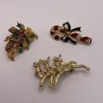 Lot Of 3 Gold Tone Costume Brooch Pins Christmas Holiday Reindeer Candy Cane Etc Photo 1