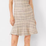 Ann Taylor  Tweed Mock Neck Flounce Dress Cream Black Size 8 NWT‎ Photo 0