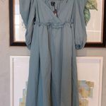 Boohoo NWT  Poplin Puff Sleeve V-Neck Midi Smock Dress Powder Blue 4 Photo 7