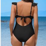 Charmo Women’s Ruffle One Piece Bathing Suit Black Tie Back Ruched Medium NWT Photo 2