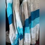 Talbots Versatile Blue Turquoise and Gray Striped Scarf linen with fringe by Photo 5