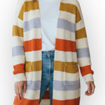 Debut  Knit Cardigan Sweater Striped Color Block Longline Pockets Medium Photo 0