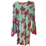 Velzera Mini Dress Tunic Green Pink Paisley Crochet Fringe Bell Sleeves SZ LG Photo 5
