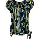Takara Blouse Womens Size Large Short Cap Sleeve Top Colorful Blue Green Hip Tie Photo 0