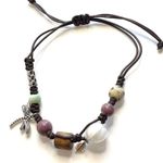 Dragonfly Bracelet Silver Leaf Charm Ceramic Beaded Dk Brown Cord Photo 2