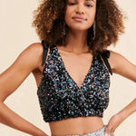 Free People  Black Big Night Sequin Crop Tie‎ Shoulder Top Size Small Photo 0