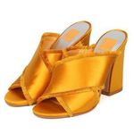 Dolce Vita Block Heel Sandals 9.5 Henry Raw Fringe Saffron Satin Mules Gold Photo 0