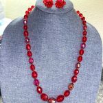 Monet Vintage 1960s Hong Kong Iridescent Red Acrylic Bead Necklace & Clip-On Earrings Photo 0