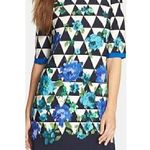 Eliza J Blue Green Floral / White Black Geo Geometric Elbow Sleeve Shift Dress 6 Photo 2