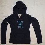 Hollister Women's Navy Hoodie with Teal Logo Photo 3
