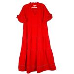 Chico's  Linen Eyelet Tiered Ruffle Maxi Dress Size 2.5 US 14 Red Sundress Vacay Photo 1
