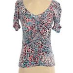 Ellen Tracy Top XS Silk Leopard Print Sheer Ruched Animal Pink Blue Bloomingdale Photo 0