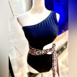 NWOT Women’s Swimsuit Leopard Waist Tie Cutout Black One Photo 2