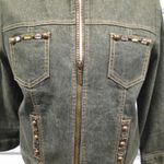 Ruby Rd Petite Womens Beaded Denim Jacket 10P Green Zip Embellished Boho Western Photo 1