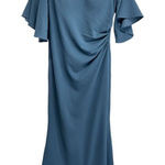 Azazie Bridesmaid Dress Maxi Size Small Blue Ruffled Sleeves Sweetheart Neck Photo 0