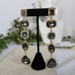 Boutique Statement Long Glam Earrimgs Gold with Smokey Grey Photo 4