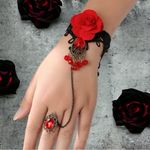 Vintage‎ Style Red Rose Design Bracelet Ring Integrated Gothic Mitten Bracelet Black Photo 1