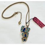 Betsey Johnson  Butterfly Necklace 3 Cascading Gold Chain Popcorn Blue Rhinestone Photo 3
