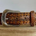 Vintage 90s Western Woven Genuine Leather Silver Buckle Belt Size Medium Brown Photo 0