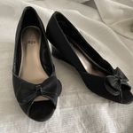 Impo Black patent leather and fabric wedged open toe shoes Photo 0