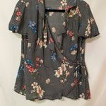 Sugar High  Gingham Floral Ruffled Wrap Blouse Womens L Romantic Flutter Sleeve Photo 8