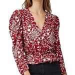 The Kooples Botanical-Print Puff-Sleeve Peplum Silk Top Red Womens Size 2 Medium Photo 0