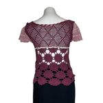 CROCHETED Lace Short Sleeve Top Mixed Stitch Burgundy Pink Photo 1