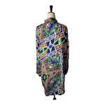 Joy Joy Dress Women Medium Blue Green Abstract Long Sleeve Ruffle Neck Mini Photo 1