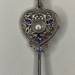 Heart Skeleton Key Locket Necklace Pendant Pearl & Tanzanite Sterling Silver New Photo 5