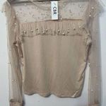 CBR Women's Blouse Sheer Sleeve Neckline Pearl Beading Beige Ruffles XL Feminine Tan Photo 0