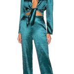 Lovers + Friends  Kendall Green Satin Jumpsuit Medium Tie Front Long Sleeve Photo 0