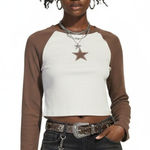 YITEMEI Star Raglan Long Sleeve Crop Top Womens XL Brown Cream Western Y2K Photo 0