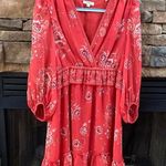 Max Studio  Coral Red Plunge Neckline wrap Boho ruffle floral Dress sheer sleeves Photo 0