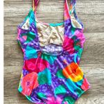 Vintage Island Native Swimsuit Leotard Hawaiian Floral Neon 14 80s 90s Purple Size 12 Photo 4