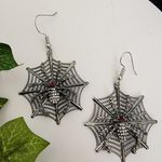 Silver Spider Web with Crystal Spider Dangle Earrings New Photo 0
