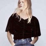 ZARA  NWT black velvet velour ruched gathered puff sleeve short sleeve top Photo 3