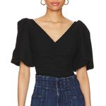 Free People  Cupcake Black Ruched V Neck Puff Sleeve Boho Top Women’s Size Small Photo 0